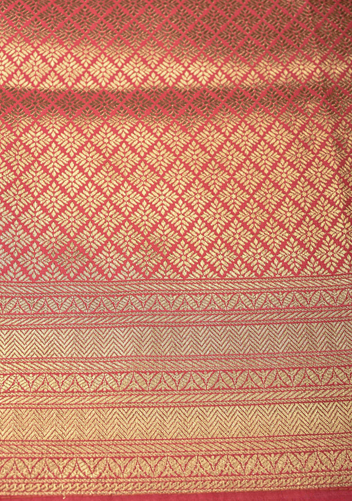 Salmon Pink Semi Silk Saree with Zari Buttas and Meenakari Jaal on Zari Border