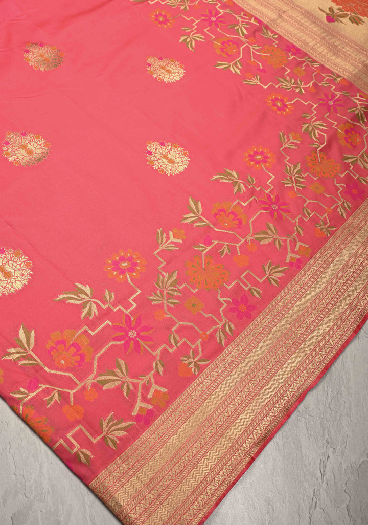 Salmon Pink Semi Silk Saree with Zari Buttas and Meenakari Jaal on Zari Border