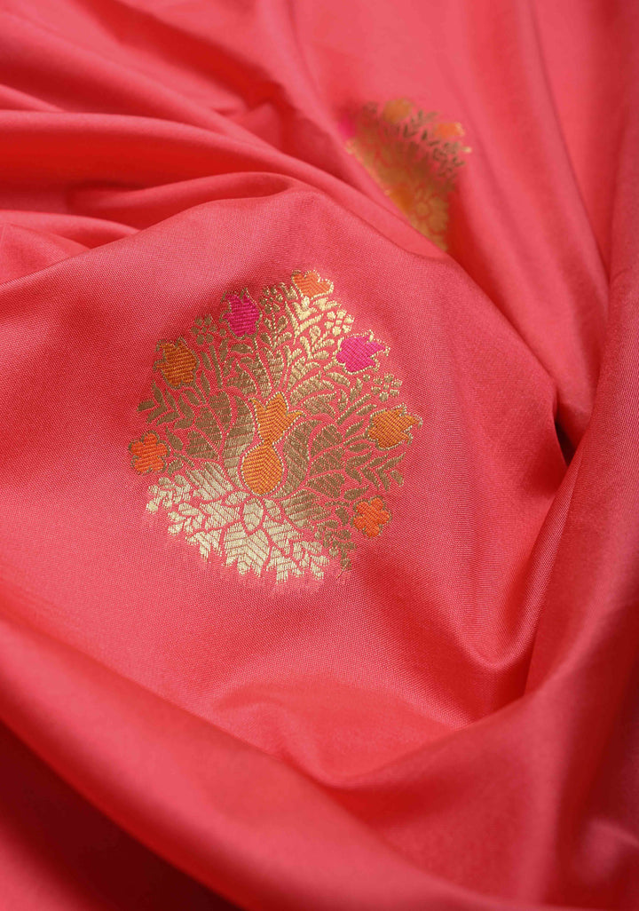 Salmon Pink Semi Silk Saree with Zari Buttas and Meenakari Jaal on Zari Border