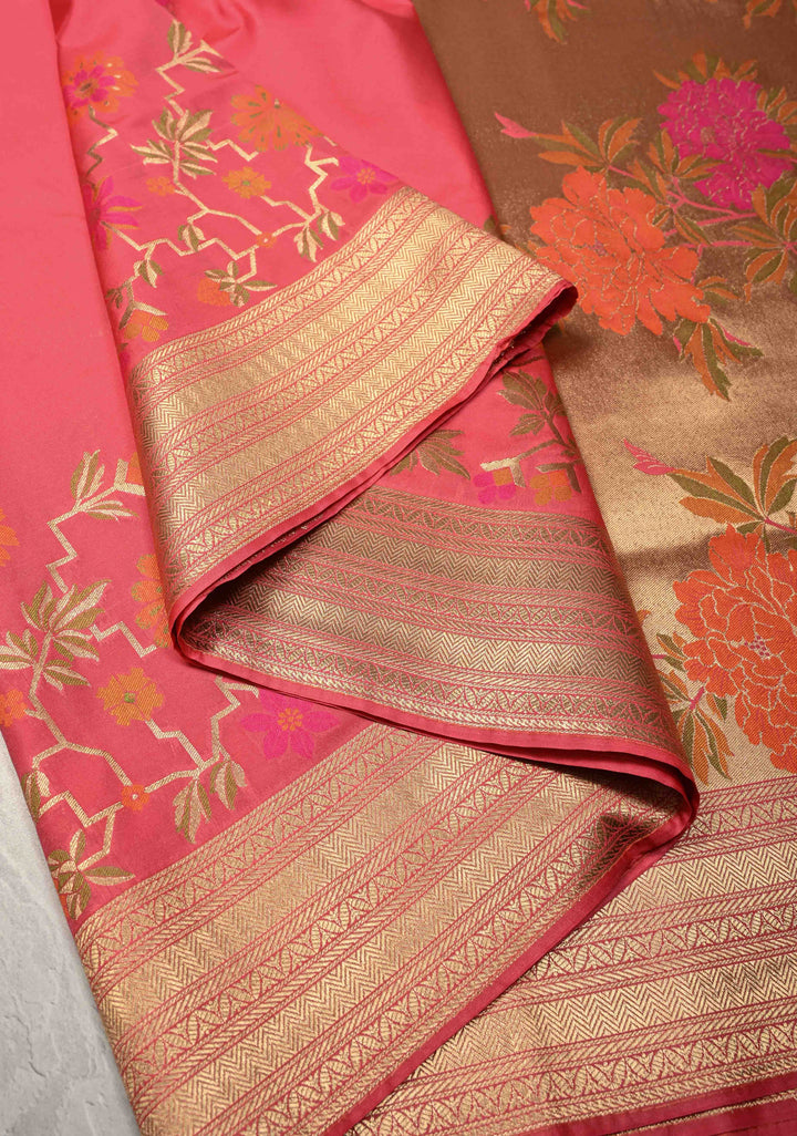 Salmon Pink Semi Silk Saree with Zari Buttas and Meenakari Jaal on Zari Border