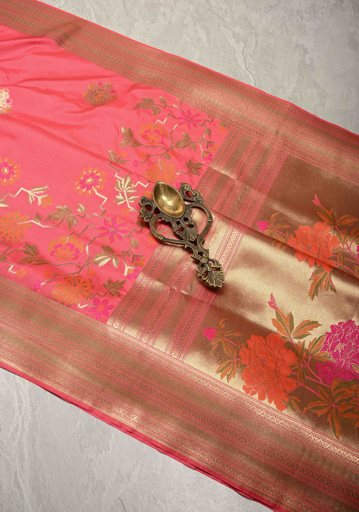 Salmon Pink Semi Silk Saree with Zari Buttas and Meenakari Jaal on Zari Border