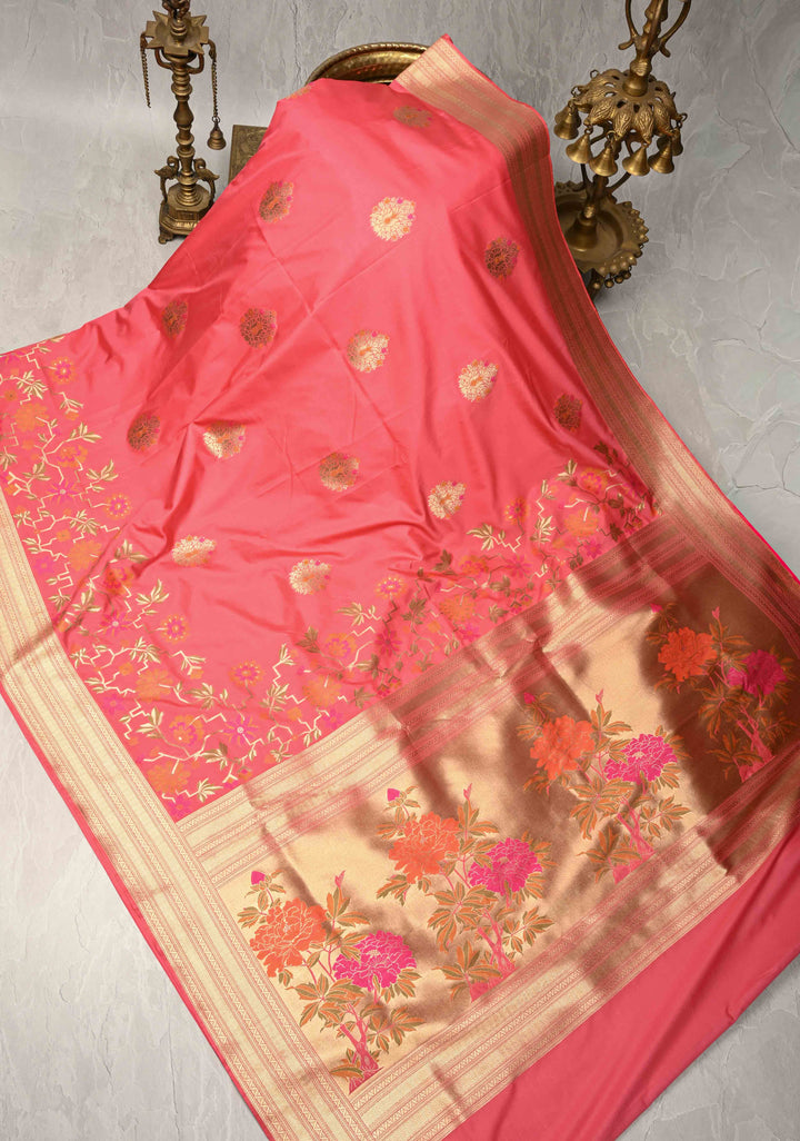 Salmon Pink Semi Silk Saree with Zari Buttas and Meenakari Jaal on Zari Border
