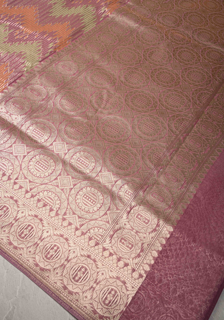 Pastel Hued Rangkaat Style on Banarasi Semi Kora Saree with Chevron Pattern and Zari Border