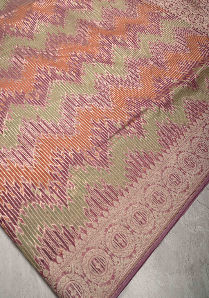 Pastel Hued Rangkaat Style on Banarasi Semi Kora Saree with Chevron Pattern and Zari Border