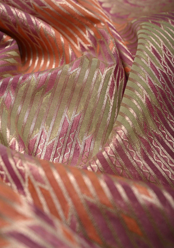 Pastel Hued Rangkaat Style on Banarasi Semi Kora Saree with Chevron Pattern and Zari Border