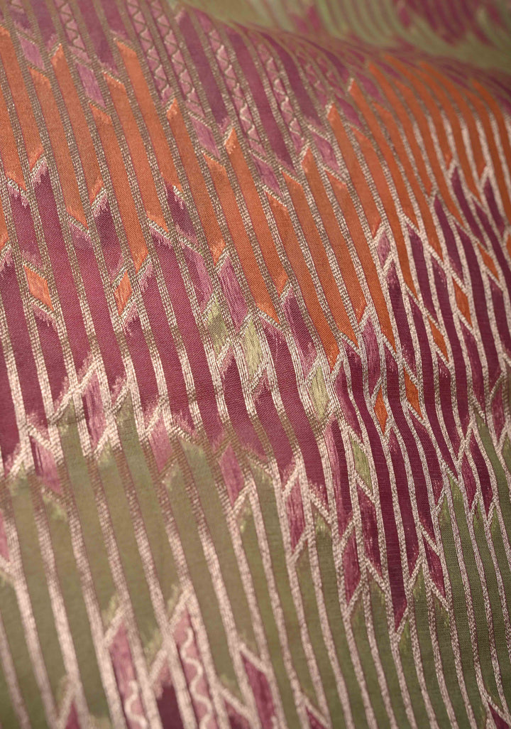 Pastel Hued Rangkaat Style on Banarasi Semi Kora Saree with Chevron Pattern and Zari Border