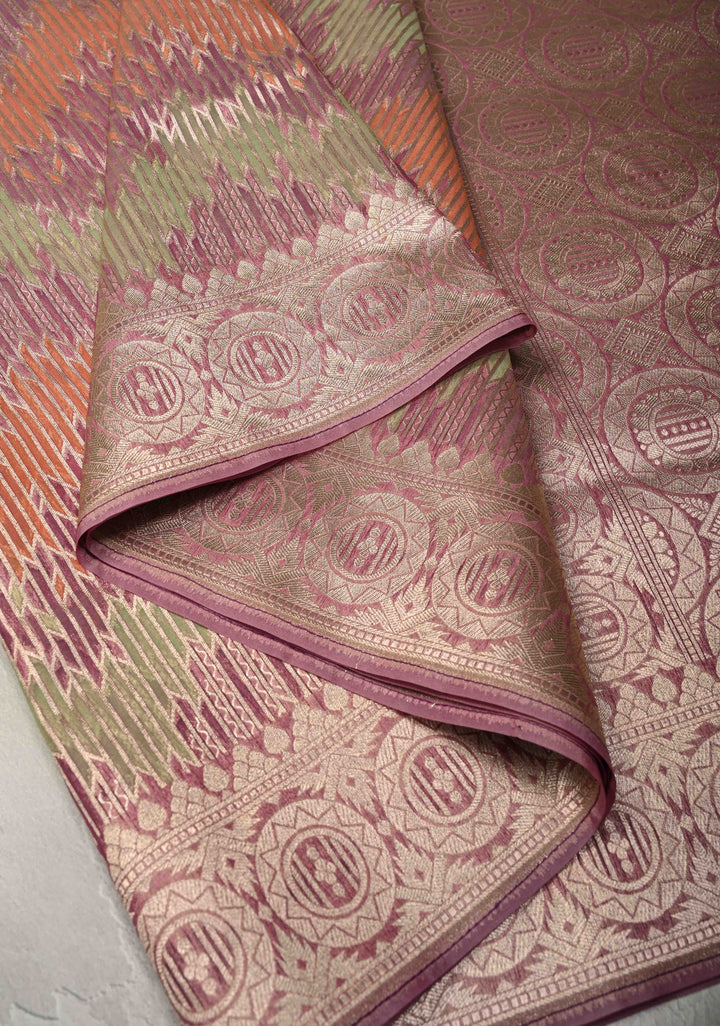 Pastel Hued Rangkaat Style on Banarasi Semi Kora Saree with Chevron Pattern and Zari Border