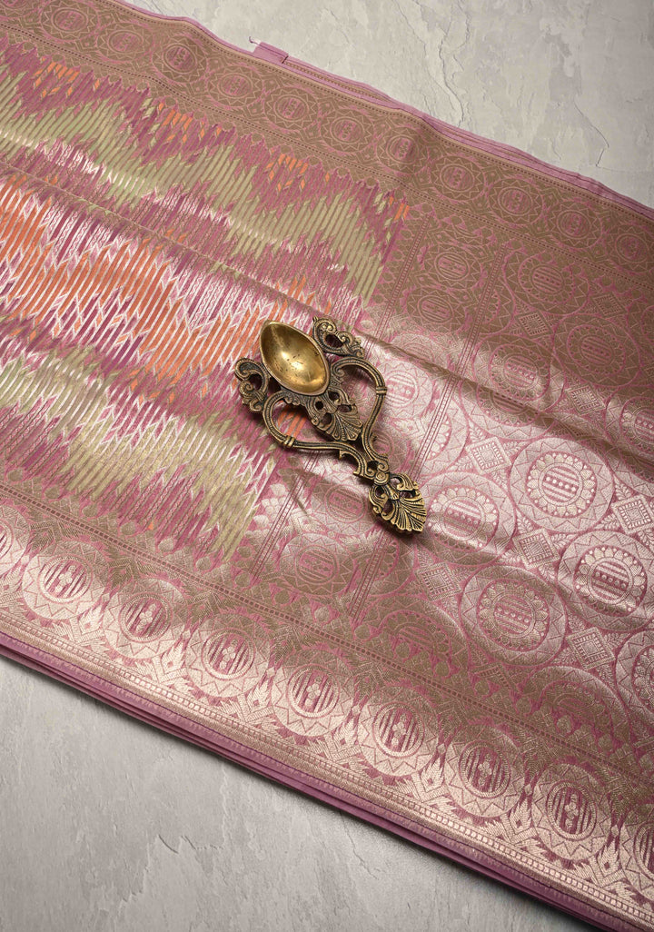 Pastel Hued Rangkaat Style on Banarasi Semi Kora Saree with Chevron Pattern and Zari Border