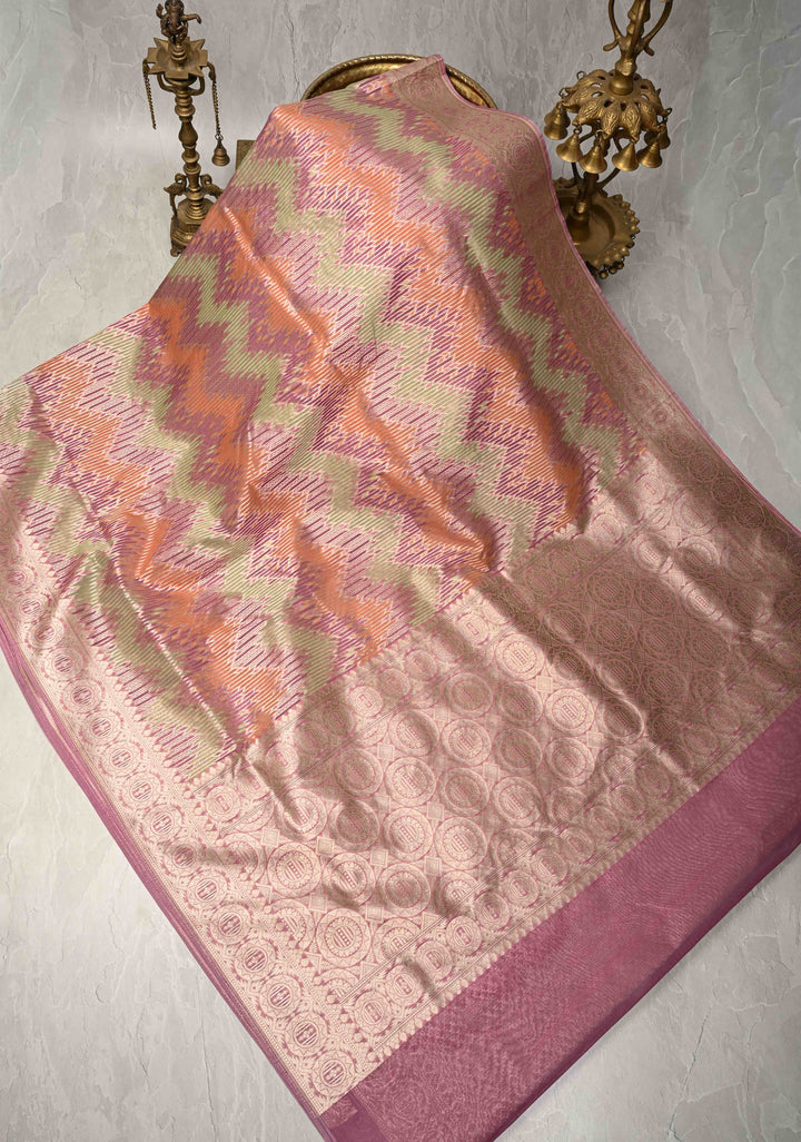 Pastel Hued Rangkaat Style on Banarasi Semi Kora Saree with Chevron Pattern and Zari Border