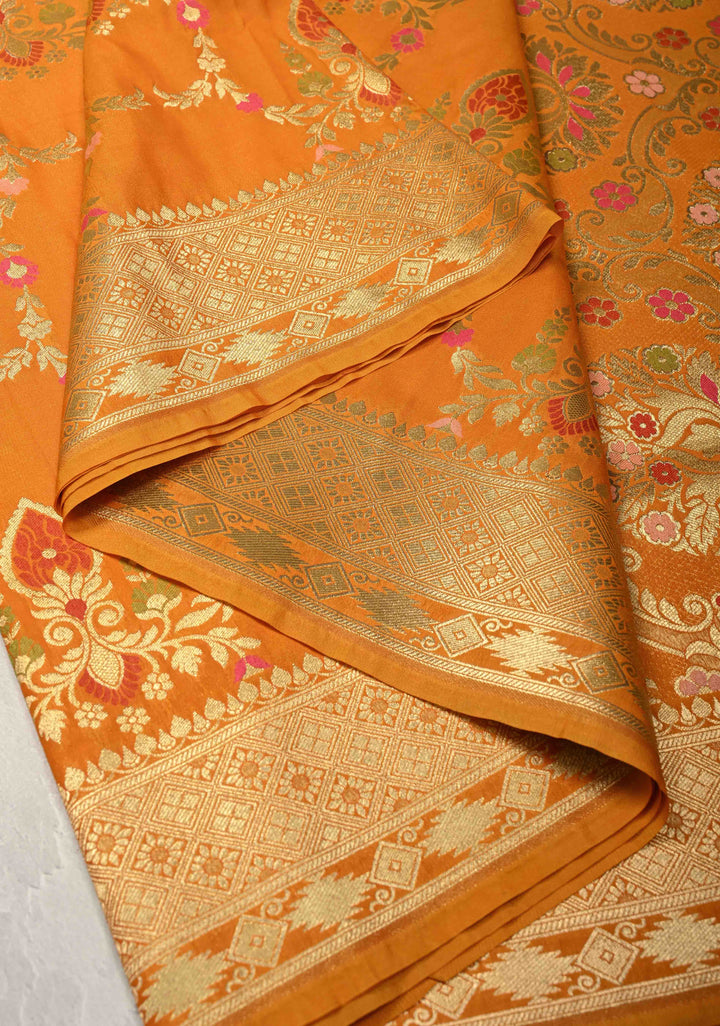 Mustard Semi Silk Saree with Meenakari Trellis Jaal and Zari Border