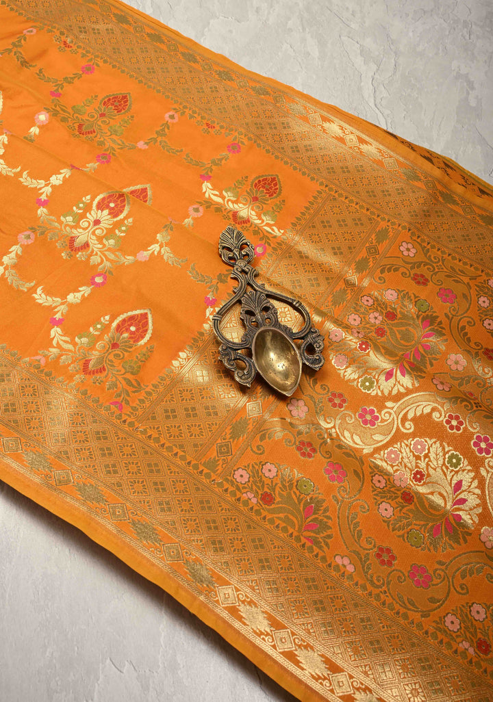 Mustard Semi Silk Saree with Meenakari Trellis Jaal and Zari Border