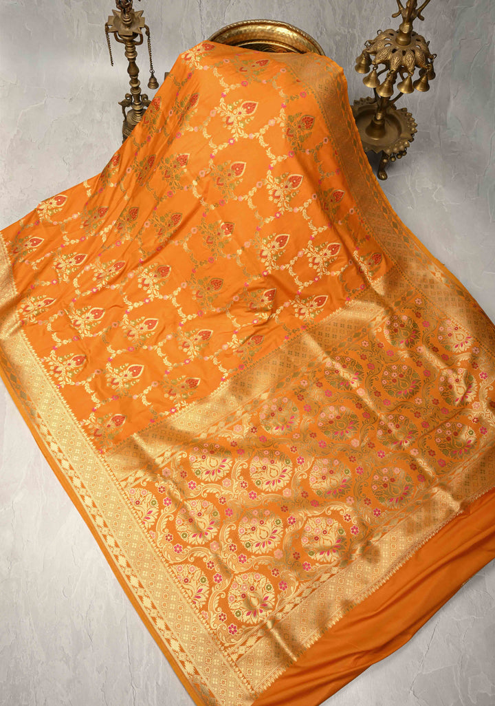 Mustard Semi Silk Saree with Meenakari Trellis Jaal and Zari Border