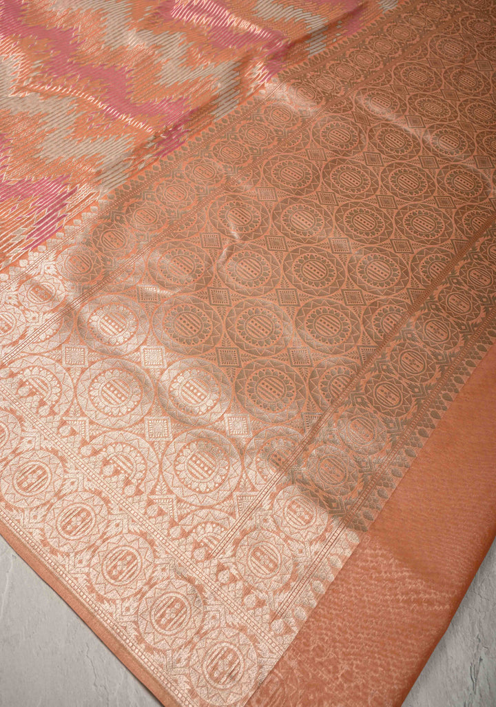 Pastel Hued Rangkaat Style on Banarasi Semi Kora Saree with Chevron Pattern and Zari Border