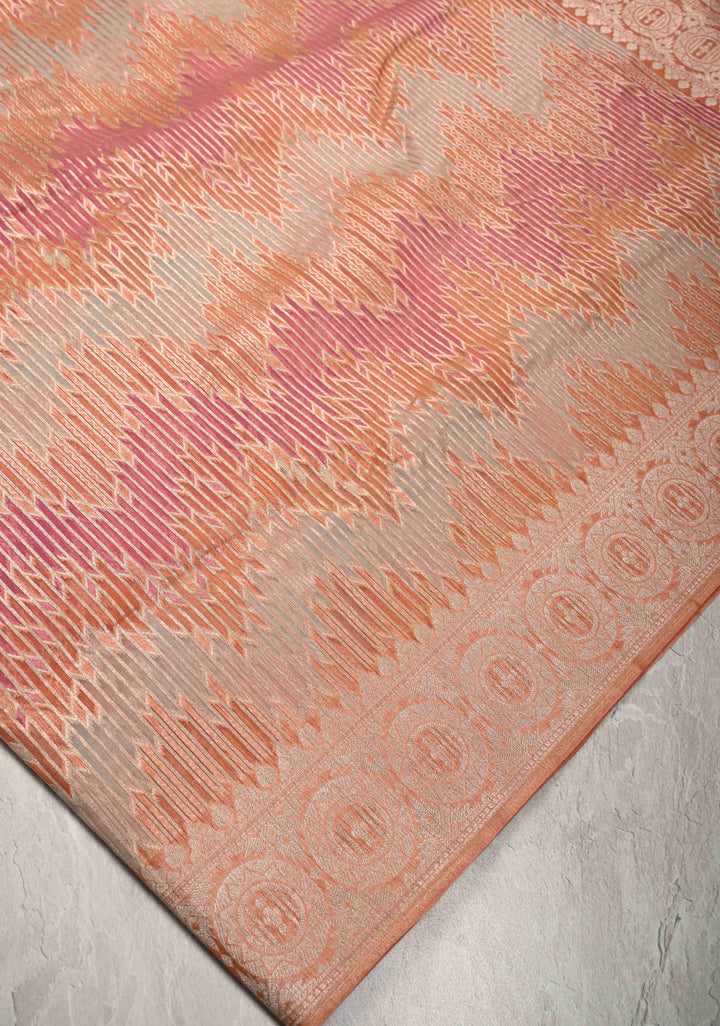 Pastel Hued Rangkaat Style on Banarasi Semi Kora Saree with Chevron Pattern and Zari Border