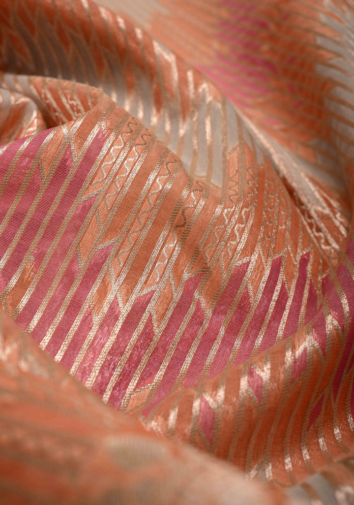 Pastel Hued Rangkaat Style on Banarasi Semi Kora Saree with Chevron Pattern and Zari Border