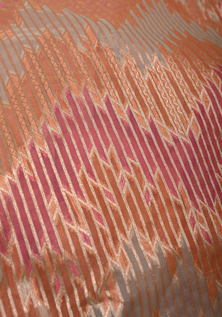 Pastel Hued Rangkaat Style on Banarasi Semi Kora Saree with Chevron Pattern and Zari Border