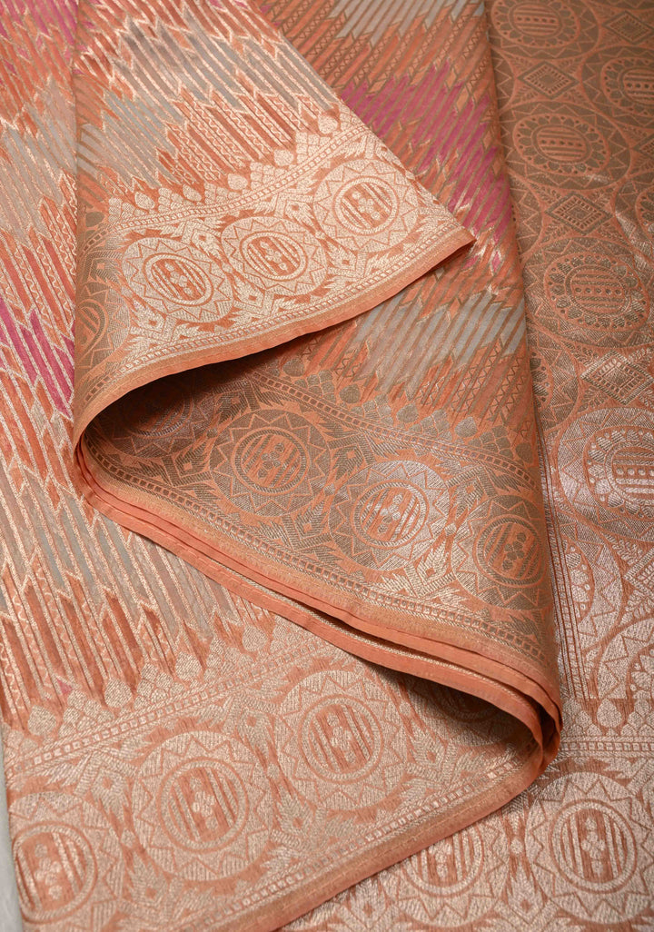 Pastel Hued Rangkaat Style on Banarasi Semi Kora Saree with Chevron Pattern and Zari Border