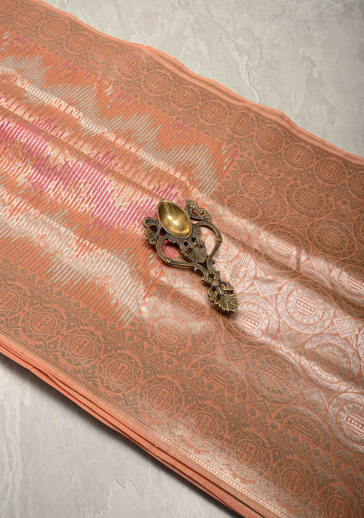 Pastel Hued Rangkaat Style on Banarasi Semi Kora Saree with Chevron Pattern and Zari Border