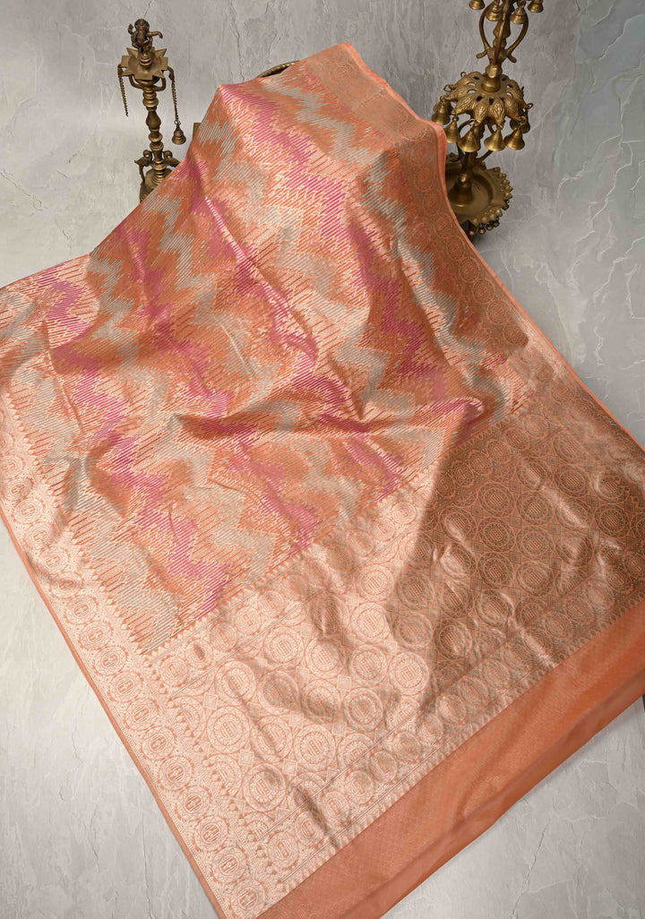 Pastel Hued Rangkaat Style on Banarasi Semi Kora Saree with Chevron Pattern and Zari Border