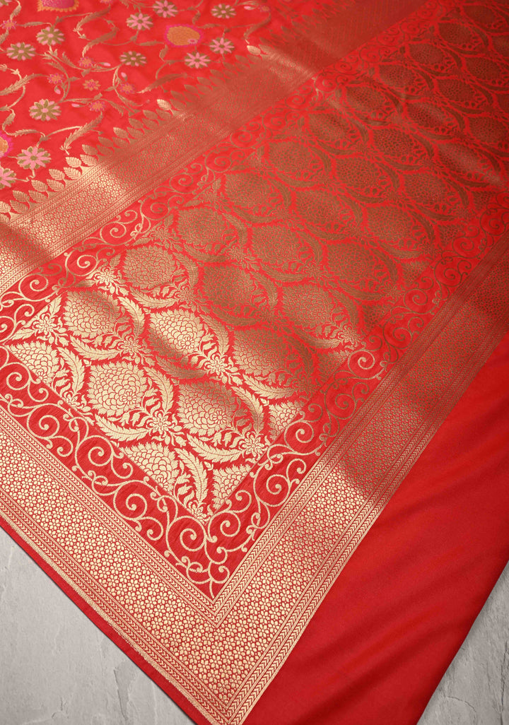 Red Semi Silk Saree with Meenakari Floral Jaal and Zari Border