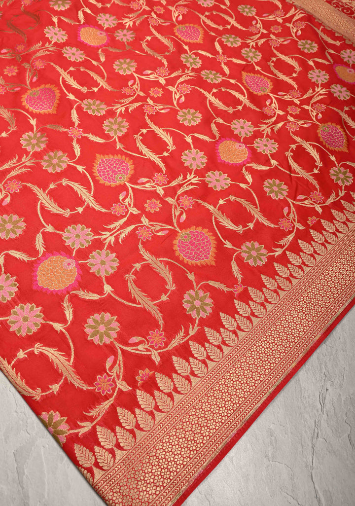 Red Semi Silk Saree with Meenakari Floral Jaal and Zari Border