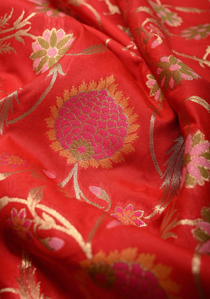 Red Semi Silk Saree with Meenakari Floral Jaal and Zari Border