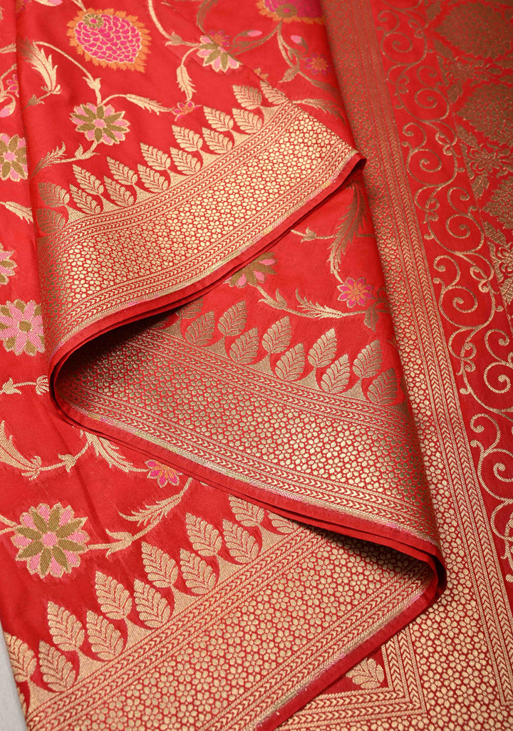 Red Semi Silk Saree with Meenakari Floral Jaal and Zari Border