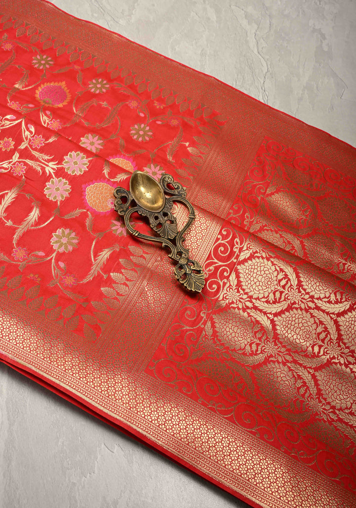 Red Semi Silk Saree with Meenakari Floral Jaal and Zari Border