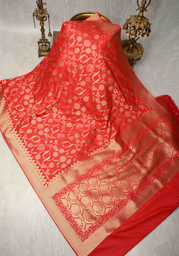 Red Semi Silk Saree with Meenakari Floral Jaal and Zari Border