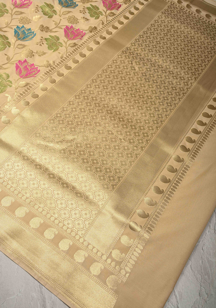 Beige Semi Silk Saree with Meenakari Floral Jaal and Zari Border