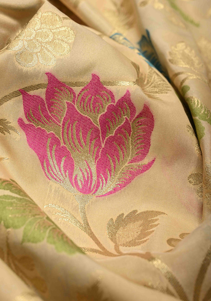 Beige Semi Silk Saree with Meenakari Floral Jaal and Zari Border