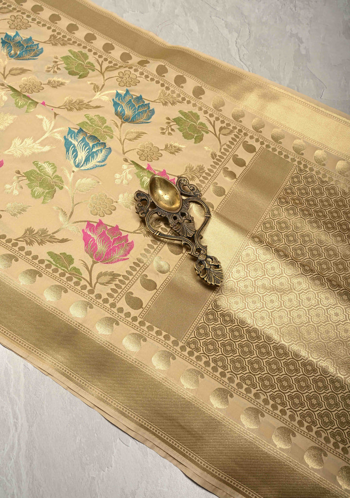 Beige Semi Silk Saree with Meenakari Floral Jaal and Zari Border
