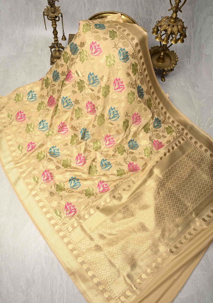 Beige Semi Silk Saree with Meenakari Floral Jaal and Zari Border