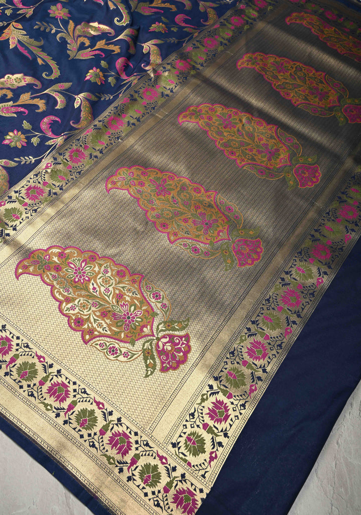 Navy Blue Semi Silk Saree with Floral Meenakari Jaal and Zari Border