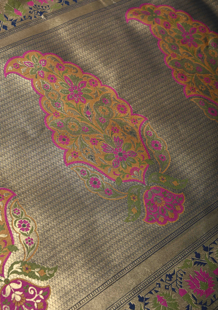 Navy Blue Semi Silk Saree with Floral Meenakari Jaal and Zari Border