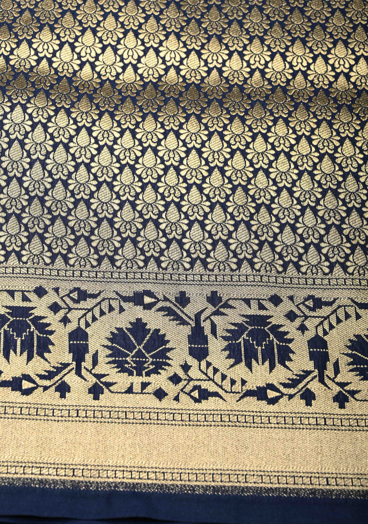 Navy Blue Semi Silk Saree with Floral Meenakari Jaal and Zari Border