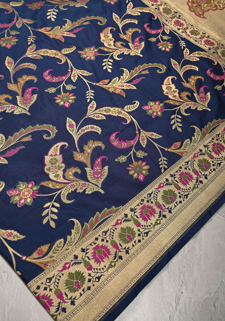 Navy Blue Semi Silk Saree with Floral Meenakari Jaal and Zari Border