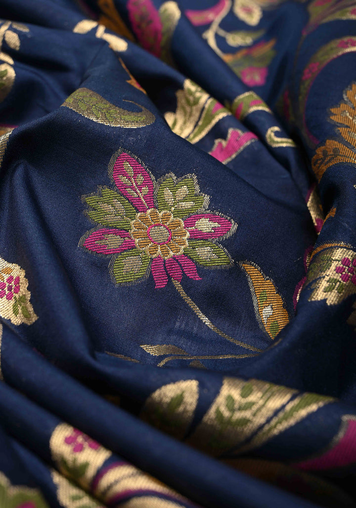 Navy Blue Semi Silk Saree with Floral Meenakari Jaal and Zari Border