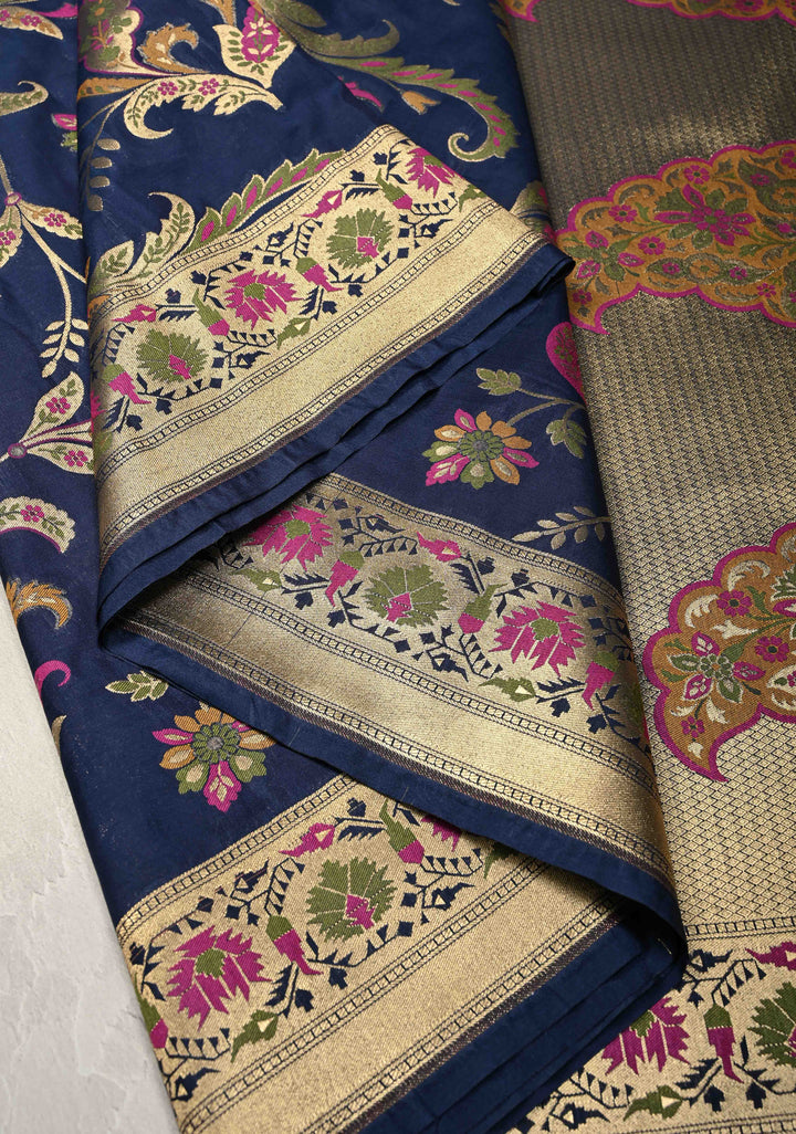 Navy Blue Semi Silk Saree with Floral Meenakari Jaal and Zari Border