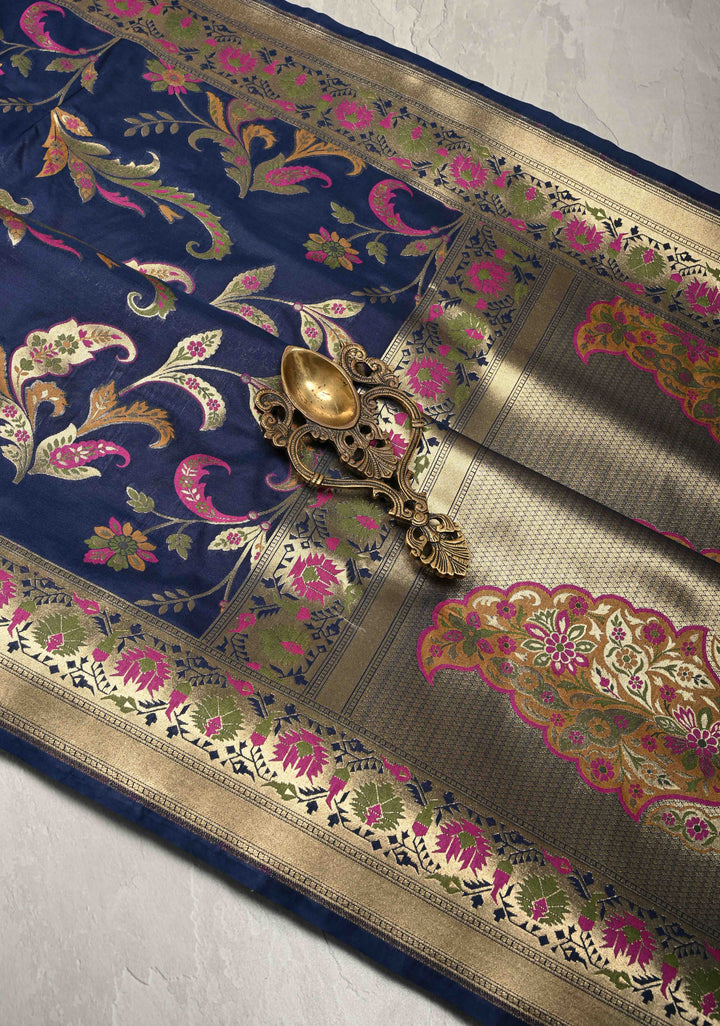 Navy Blue Semi Silk Saree with Floral Meenakari Jaal and Zari Border