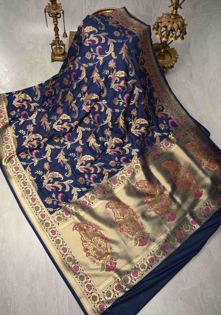 Navy Blue Semi Silk Saree with Floral Meenakari Jaal and Zari Border