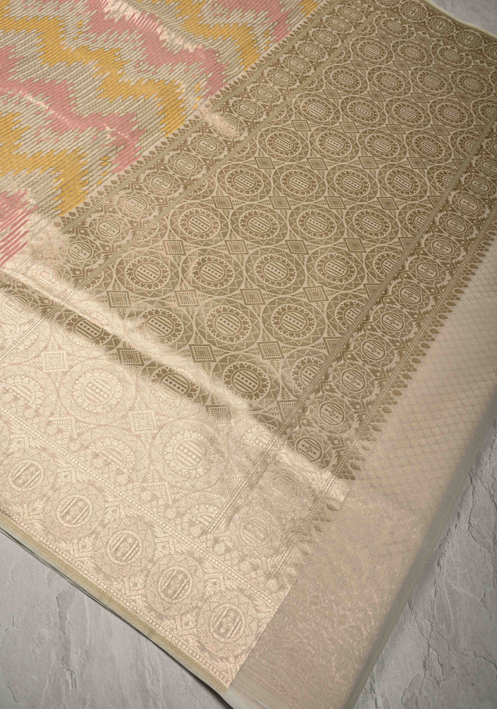 Pastel Hued Rangkaat Style on Banarasi Semi Kora Saree with Chevron Pattern and Zari Border