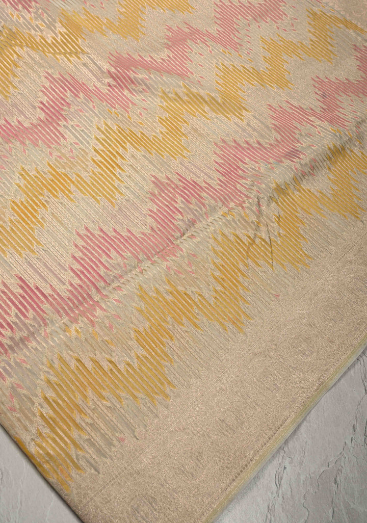 Pastel Hued Rangkaat Style on Banarasi Semi Kora Saree with Chevron Pattern and Zari Border