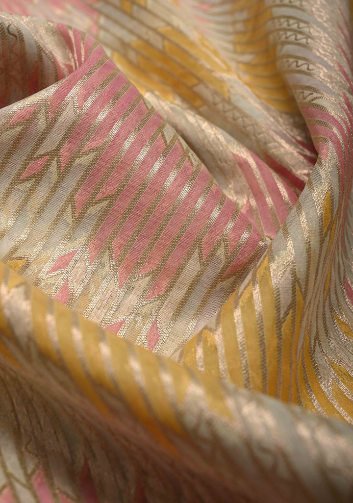Pastel Hued Rangkaat Style on Banarasi Semi Kora Saree with Chevron Pattern and Zari Border
