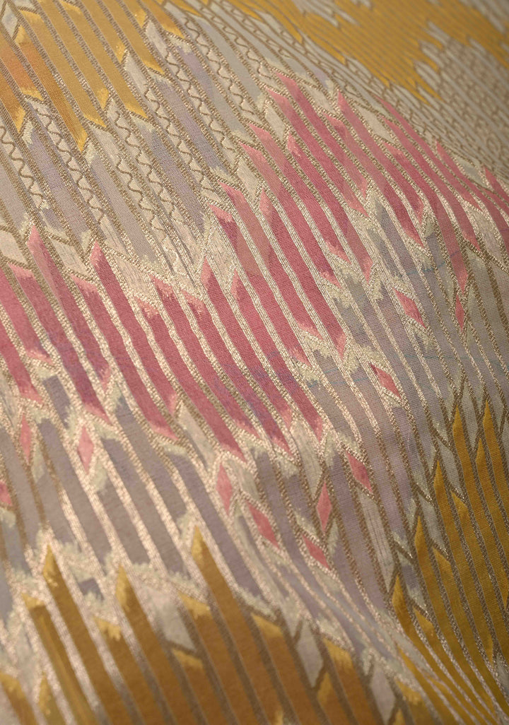 Pastel Hued Rangkaat Style on Banarasi Semi Kora Saree with Chevron Pattern and Zari Border