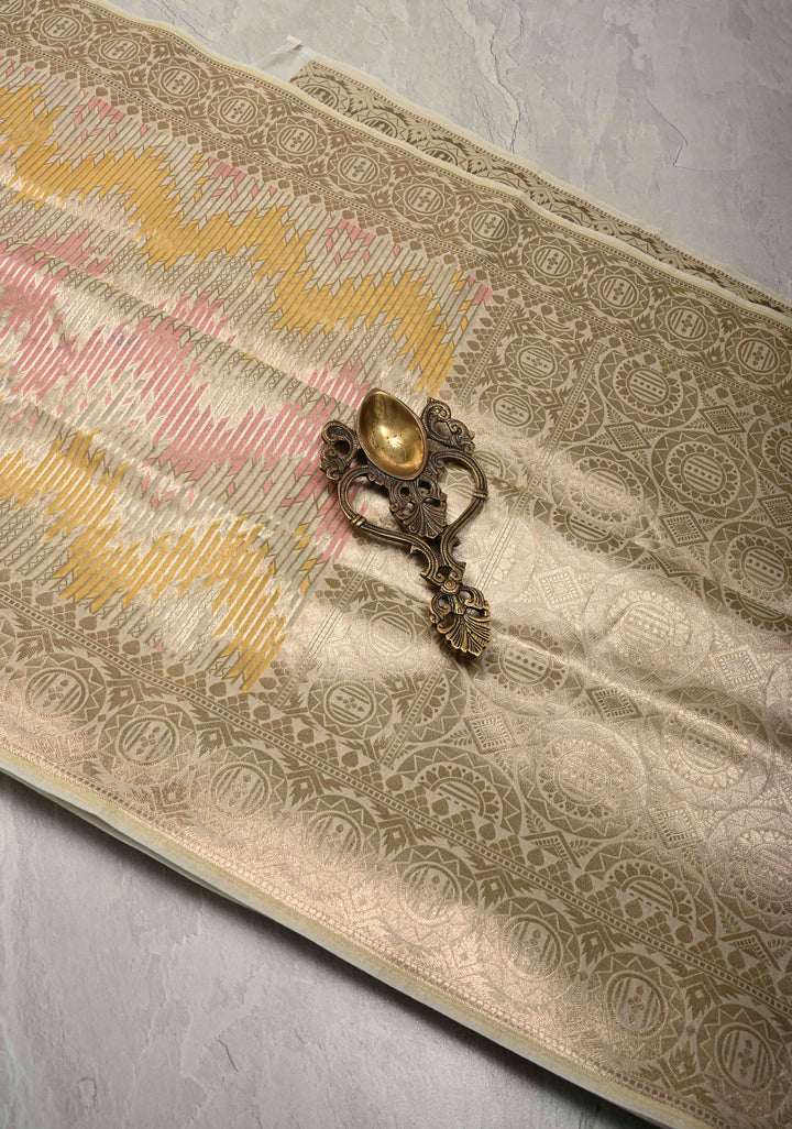 Pastel Hued Rangkaat Style on Banarasi Semi Kora Saree with Chevron Pattern and Zari Border