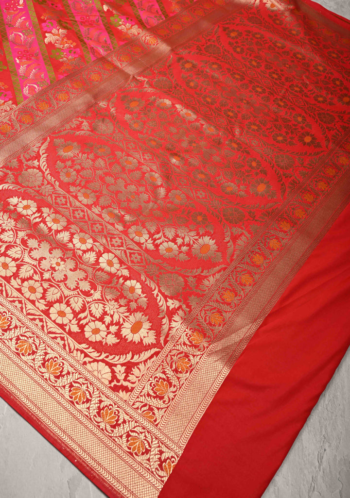 Red-Pink Rangkaat Style on Semi Silk Saree with Meenakari Diagonal Stripes and Zari Border