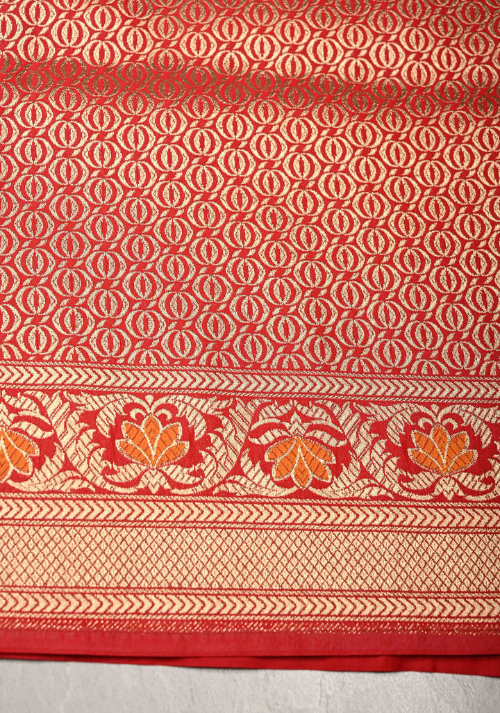 Red-Pink Rangkaat Style on Semi Silk Saree with Meenakari Diagonal Stripes and Zari Border