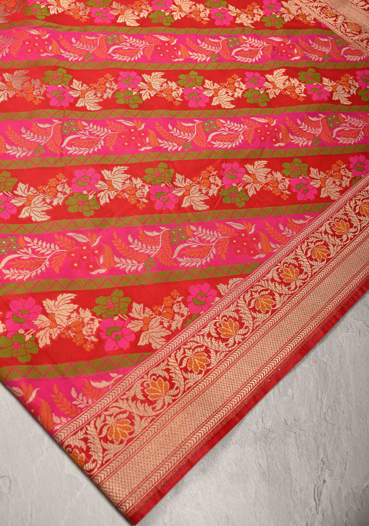Red-Pink Rangkaat Style on Semi Silk Saree with Meenakari Diagonal Stripes and Zari Border