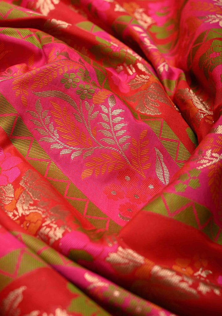 Red-Pink Rangkaat Style on Semi Silk Saree with Meenakari Diagonal Stripes and Zari Border
